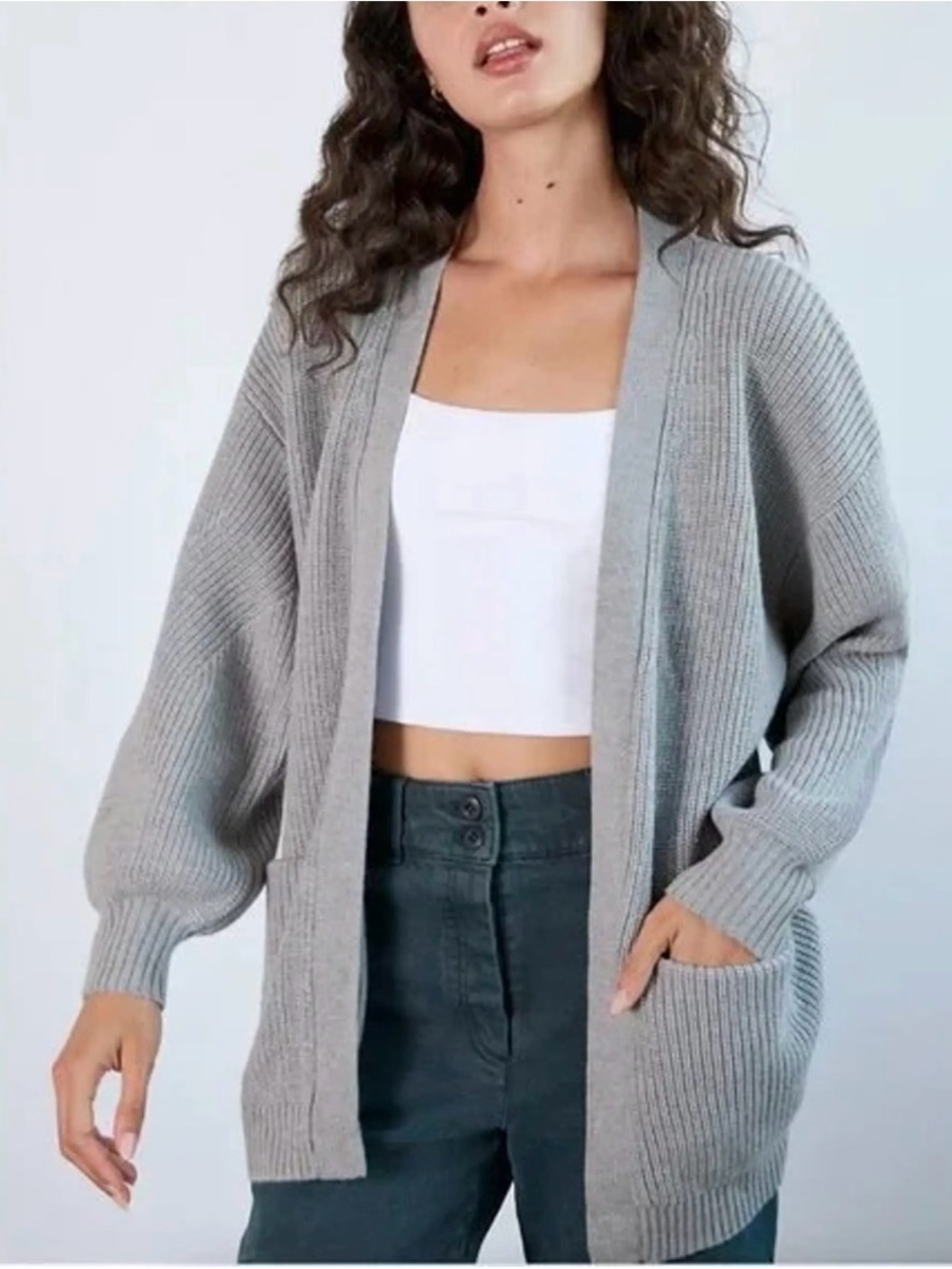 Wilfred Light Gray Ribbed Open-Front wool Cardigan